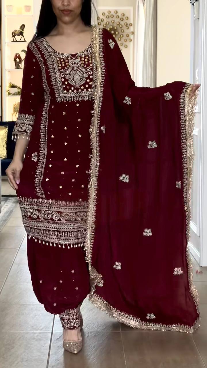 Deep Crimson Pearl-Trimmed Suit